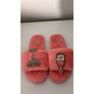 By Vici Pink Faux Fur Slide Slippers Beaded‎ Champagne Women's 9-10